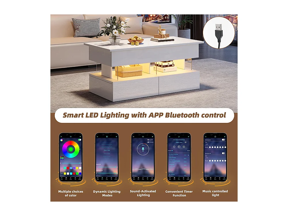 Table basse relevable plateau réglable rangement caché LED 2 tiroirs MDF verre trempé blanc