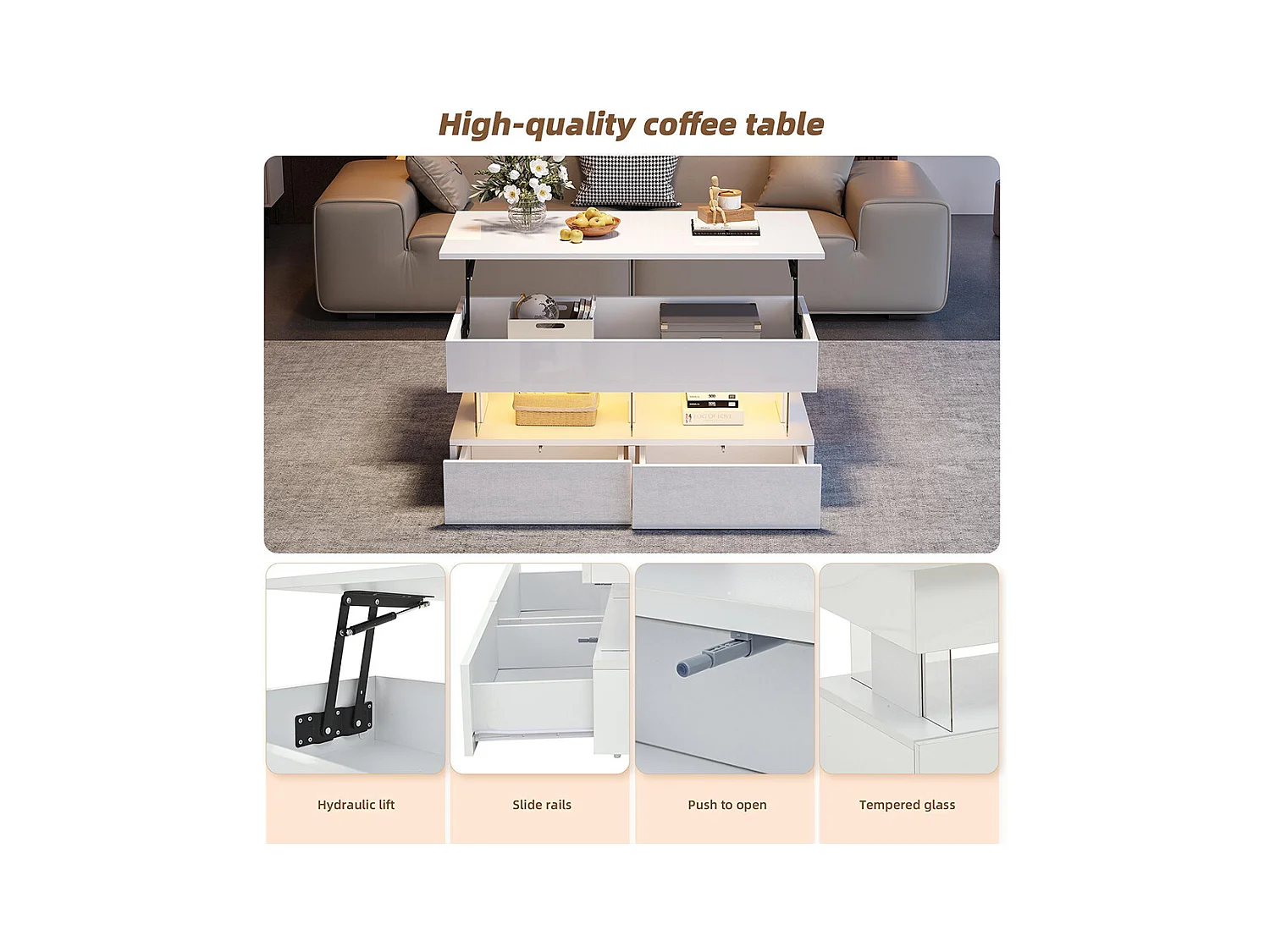 Table basse relevable plateau réglable rangement caché LED 2 tiroirs MDF verre trempé blanc