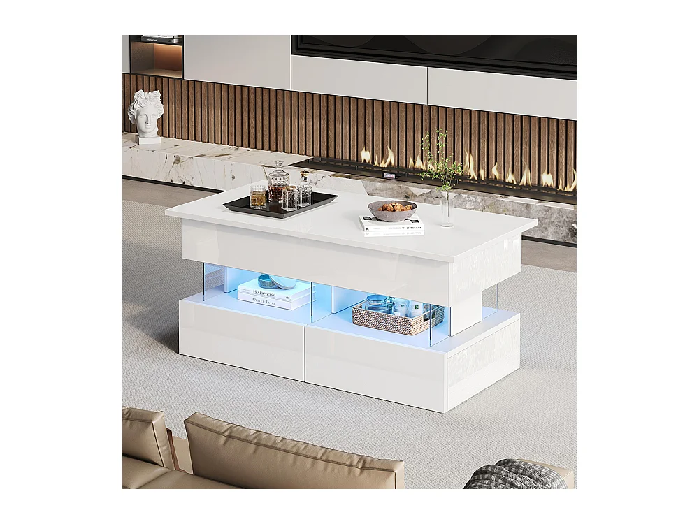 Table basse relevable plateau réglable rangement caché LED 2 tiroirs MDF verre trempé blanc