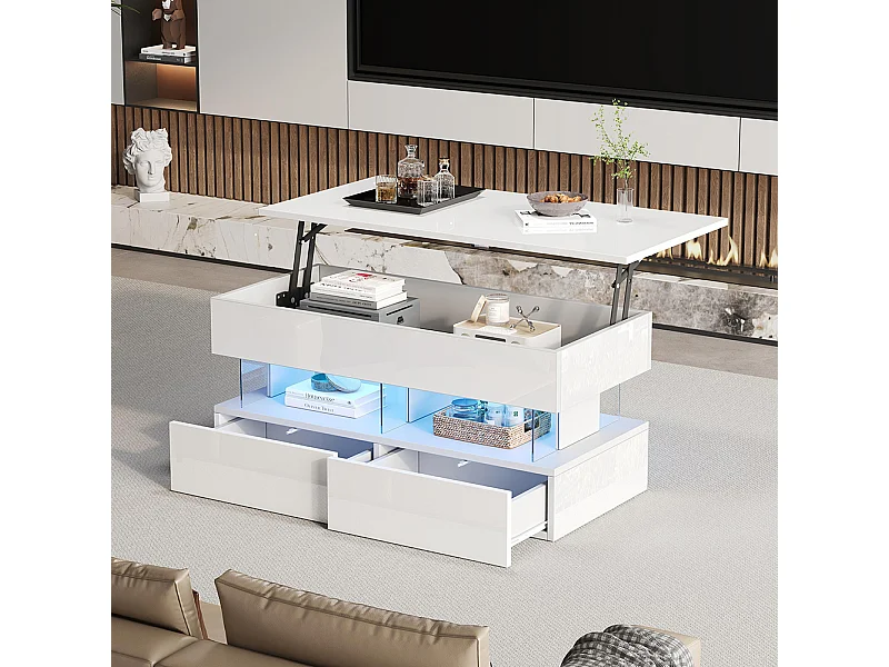 Table basse relevable plateau réglable rangement caché LED 2 tiroirs MDF acrylique blanc