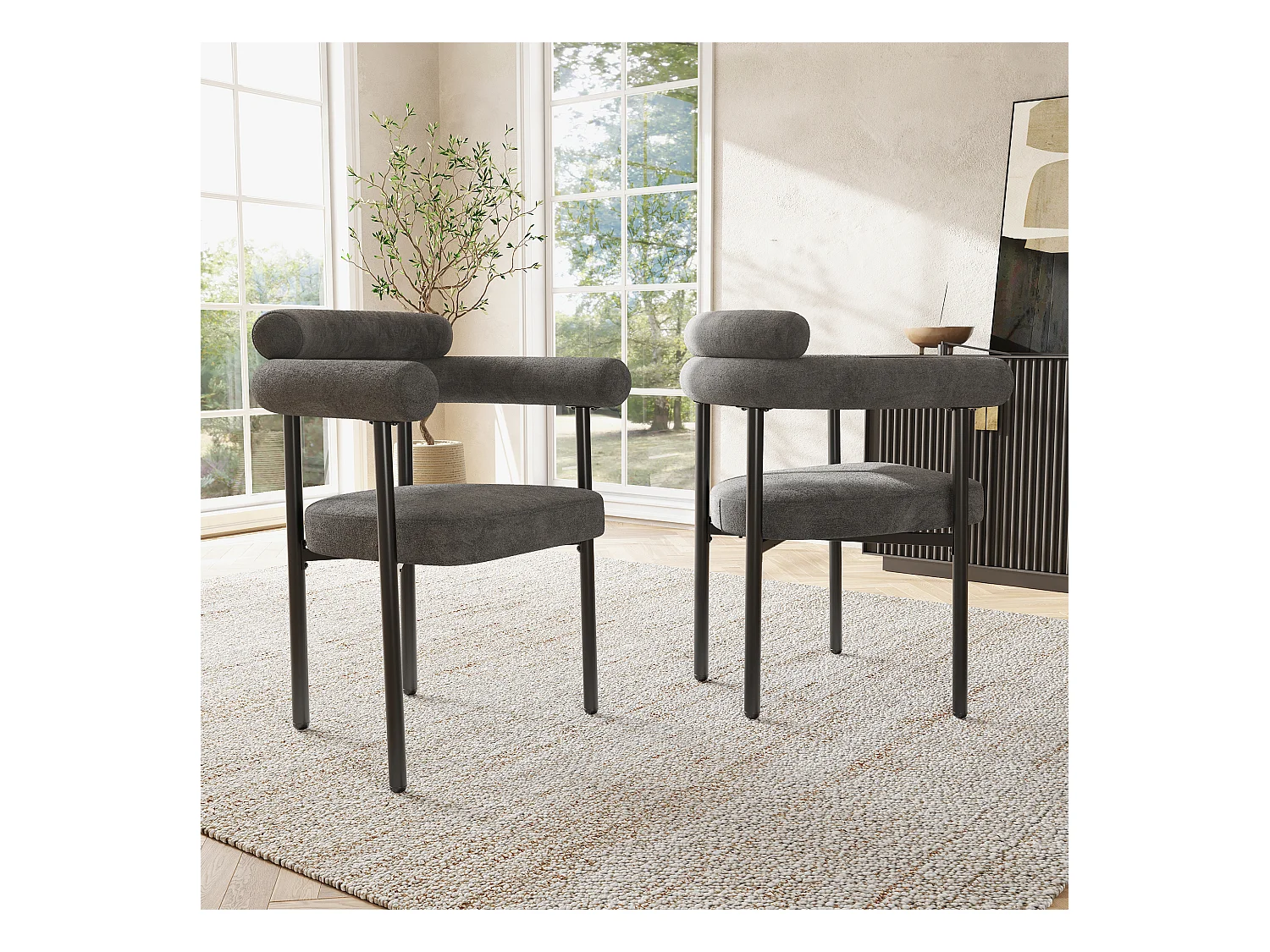 Lot de 2 chaise de salle à manger gris foncé - Chaise de salle à manger avec dossier et accoudoirs - daim - pieds en métal noir