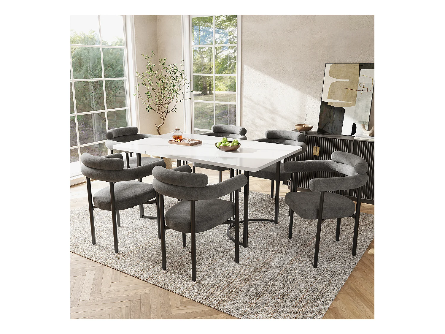 Lot de 4 chaise de salle à manger gris foncé - Chaise de salle à manger avec dossier et accoudoirs - daim - pieds en métal noir
