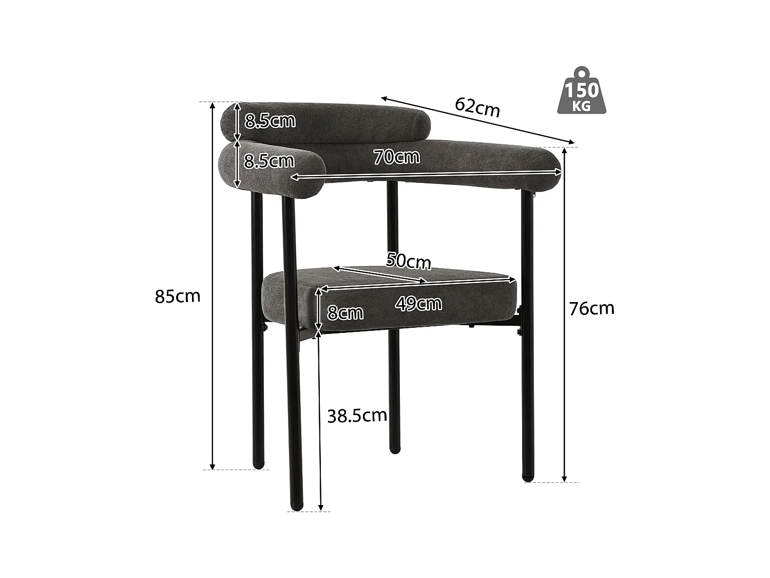 Lot de 4 chaise de salle à manger gris foncé - Chaise de salle à manger avec dossier et accoudoirs - daim - pieds en métal noir