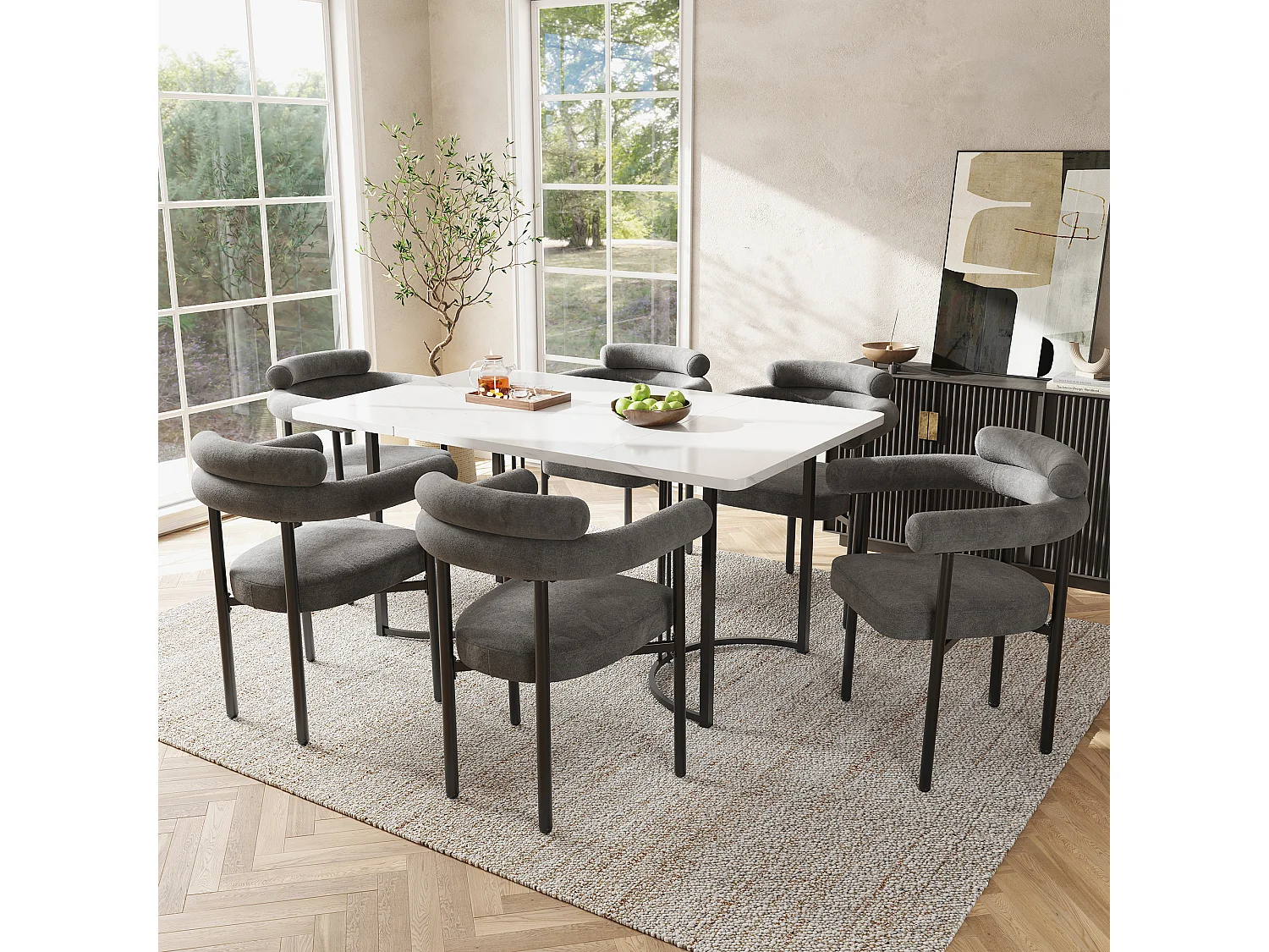 Lot de 4 chaise de salle à manger gris foncé - Chaise de salle à manger avec dossier et accoudoirs - daim - pieds en métal noir