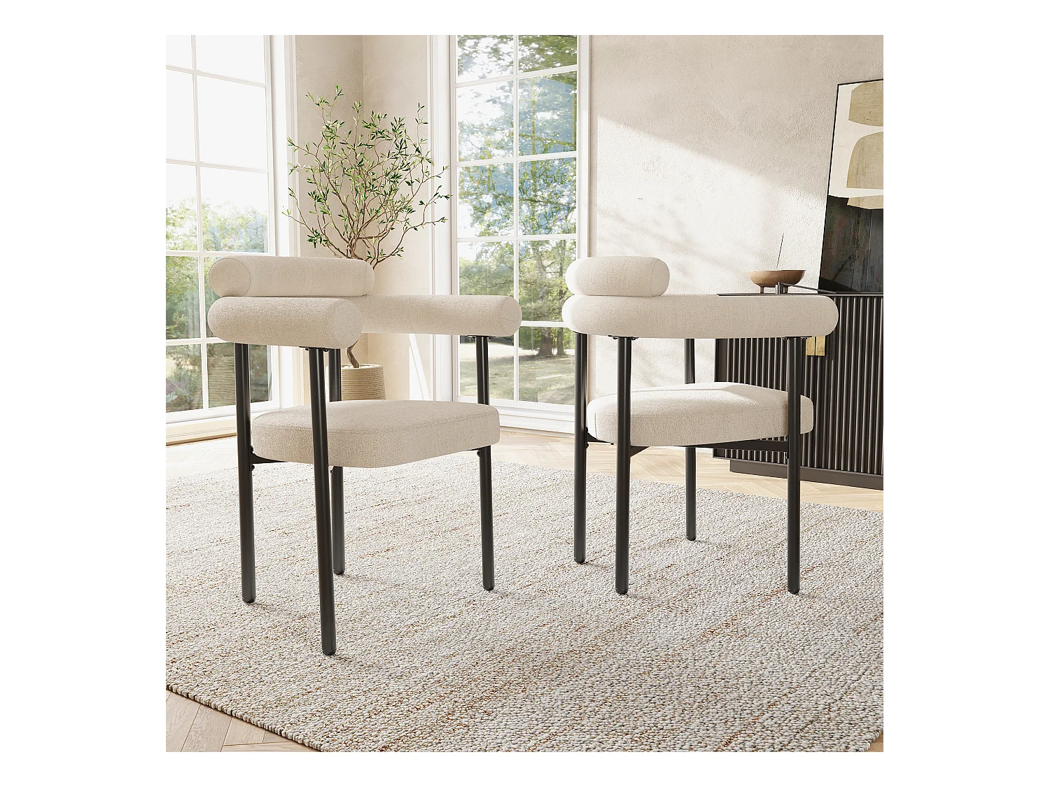 Set van 2 beige eetkamerstoelen - Eetkamerstoel met rugleuning en armleuningen - suède - zwarte metalen poten
