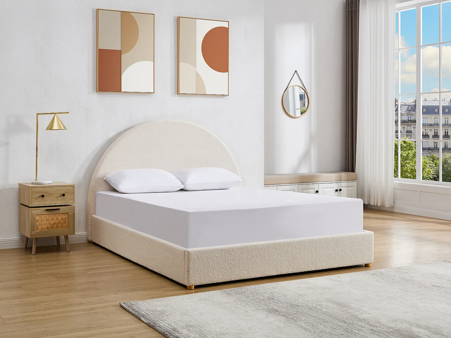 Lit coffre 160 x 200 cm - Tissu bouclette - Blanc + Matelas – CALIDORYA