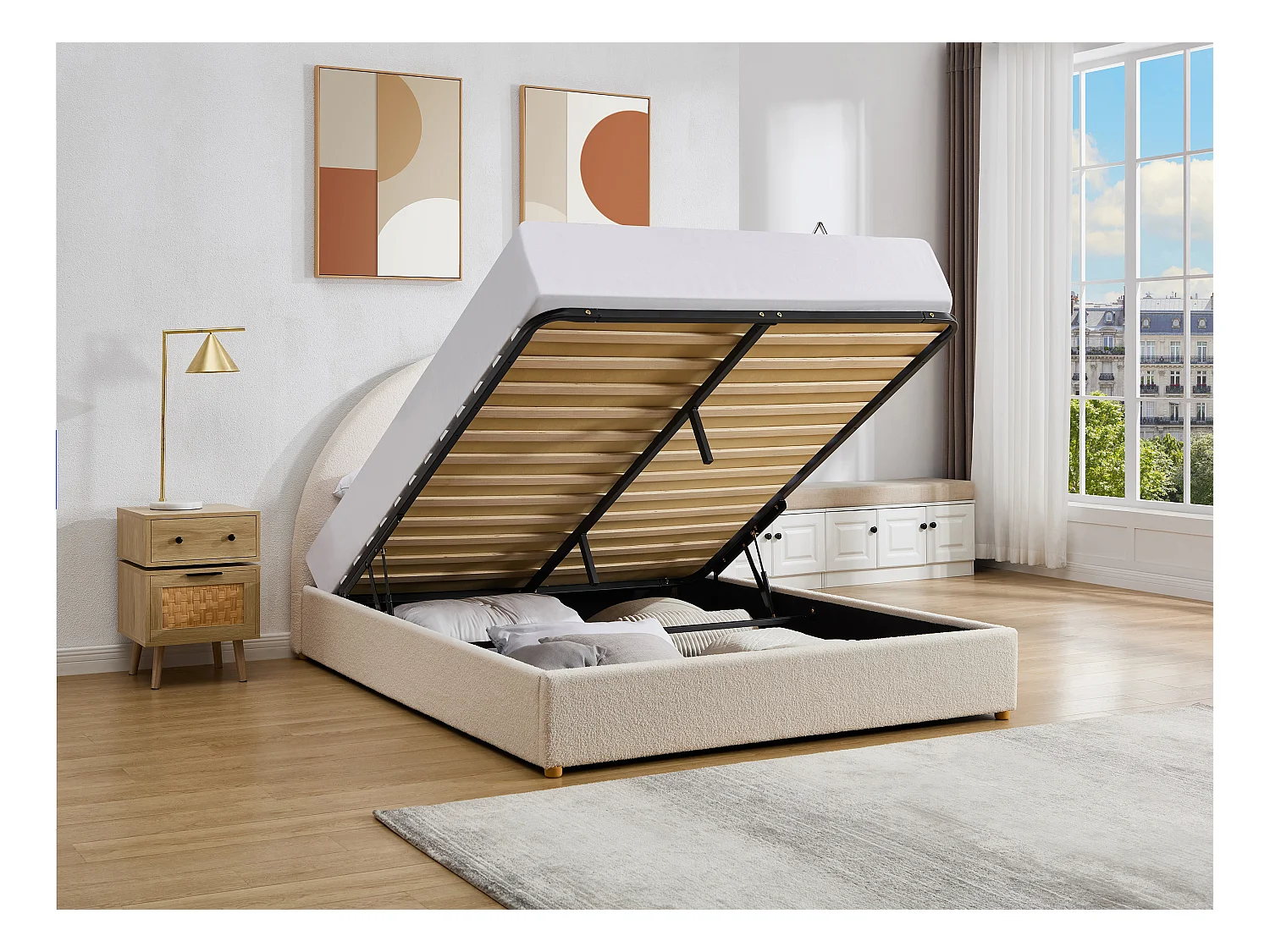 Seng med opbevaring 180 x 200 cm - Bouclé stof - Hvid + Madras - CALIDORYA