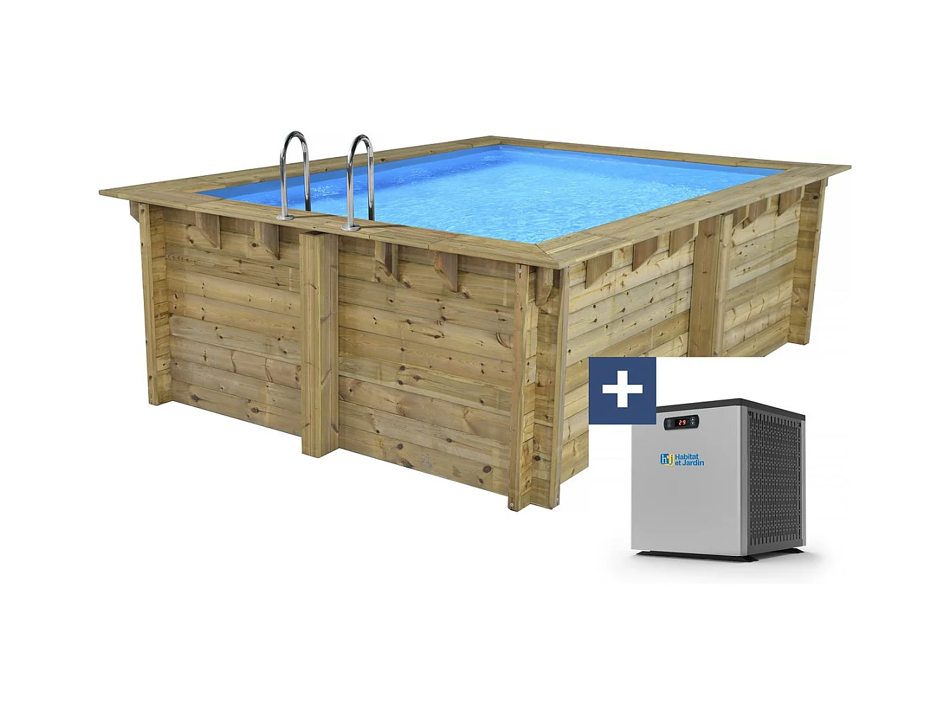 Piscine bois rectangle " Caimans 140 " - 4.10 x 3.00 x 1.39  m + Mini pompe à chaleur 3.5kW - Métal - Gris