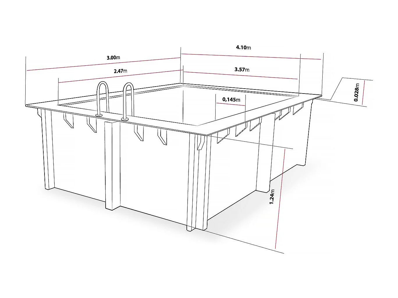 Piscine bois rectangle " Caimans 140 " - 4.10 x 3.00 x 1.39  m + Mini pompe à chaleur 3.5kW - Métal - Gris