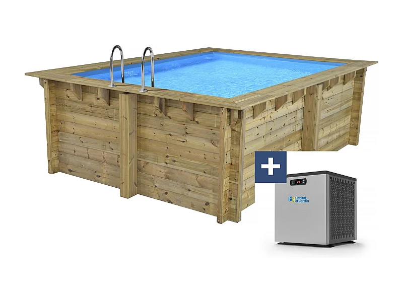 Piscine bois rectangle " Caimans 140 " - 4.10 x 3.00 x 1.39  m + Mini pompe à chaleur 3.5kW - Métal - Gris