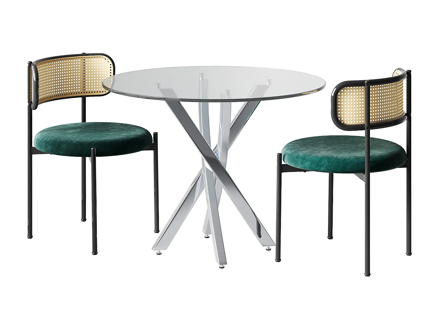 Ensemble table à manger avec 2 chaises - Table en verre transparent et chaises vert- pieds argentés