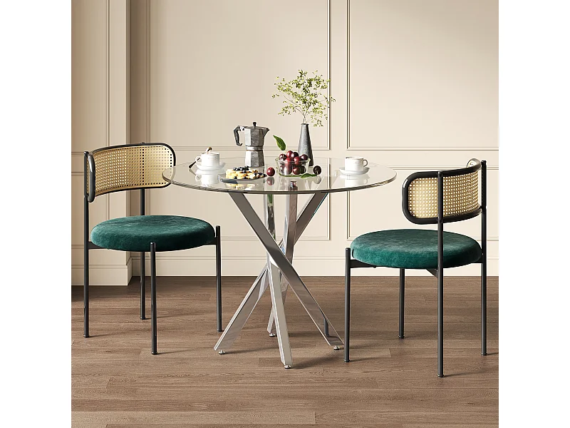 Ensemble table à manger avec 2 chaises - Table en verre transparent et chaises vert- pieds argentés