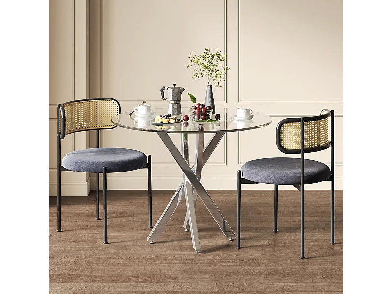 Eettafelset met 2 stoelen - Helder glazen tafel en grijze stoelen - Zilveren poten