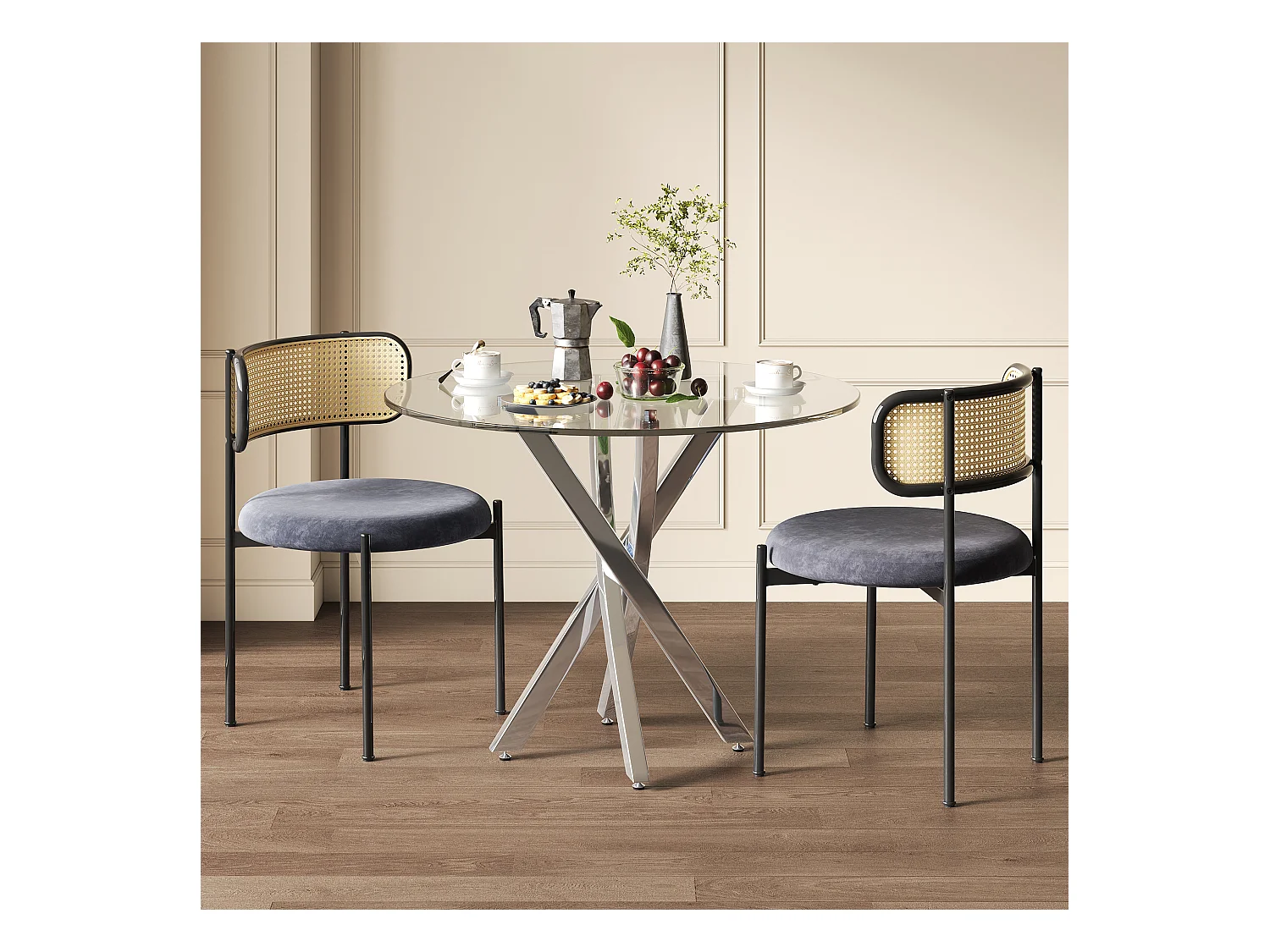 Eettafelset met 2 stoelen - Helder glazen tafel en grijze stoelen - Zilveren poten