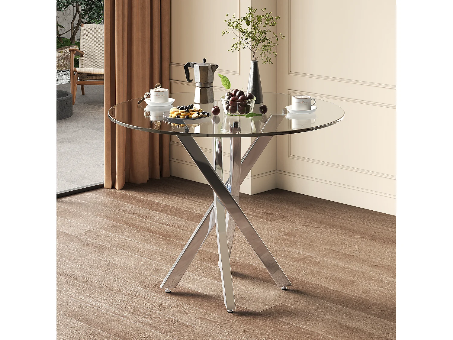 Ensemble table à manger avec 2 chaises - Table en verre transparent et chaises grises - pieds argentés