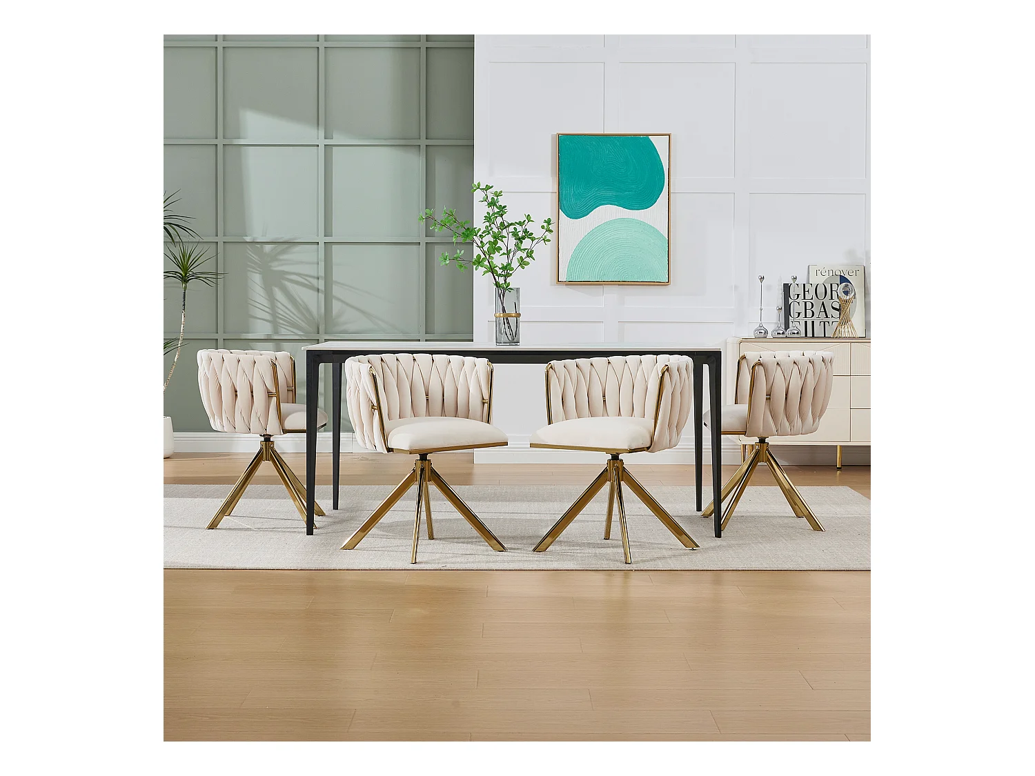 Lot de 2 chaises de salle à manger à hauteur réglable - Fauteuil pivotant et pieds réglables dorés - velours ivoire