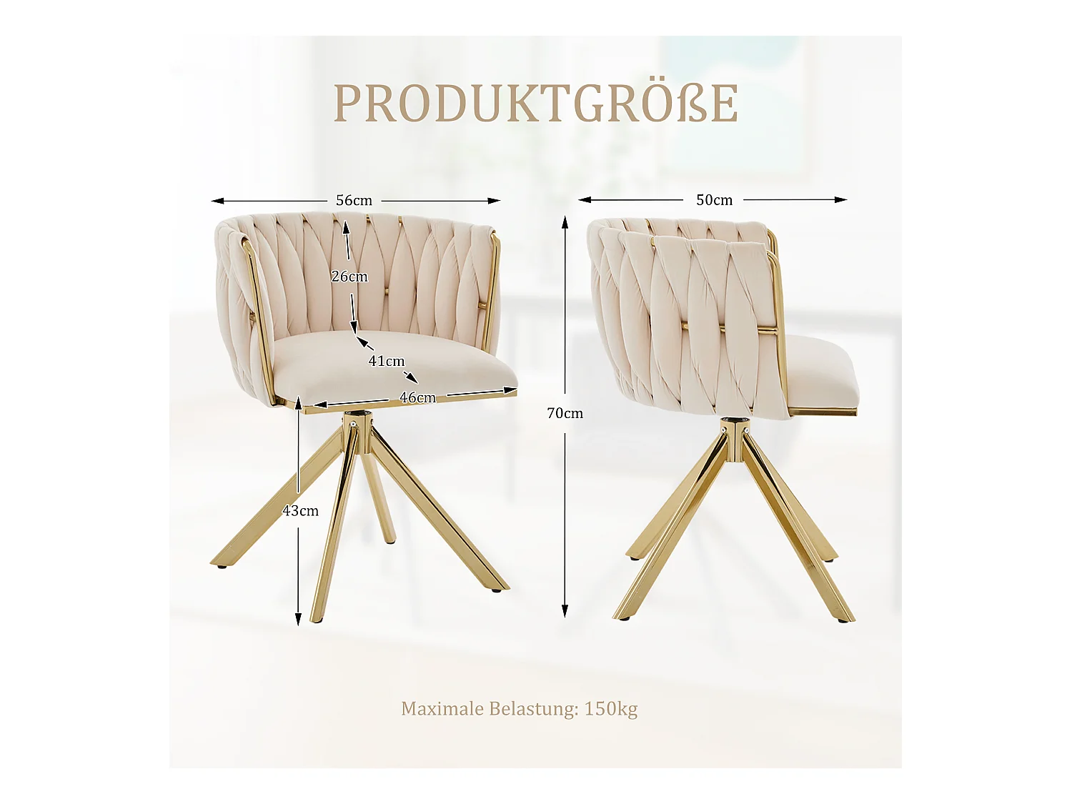 Lot de 2 chaises de salle à manger à hauteur réglable - Fauteuil pivotant et pieds réglables dorés - velours ivoire