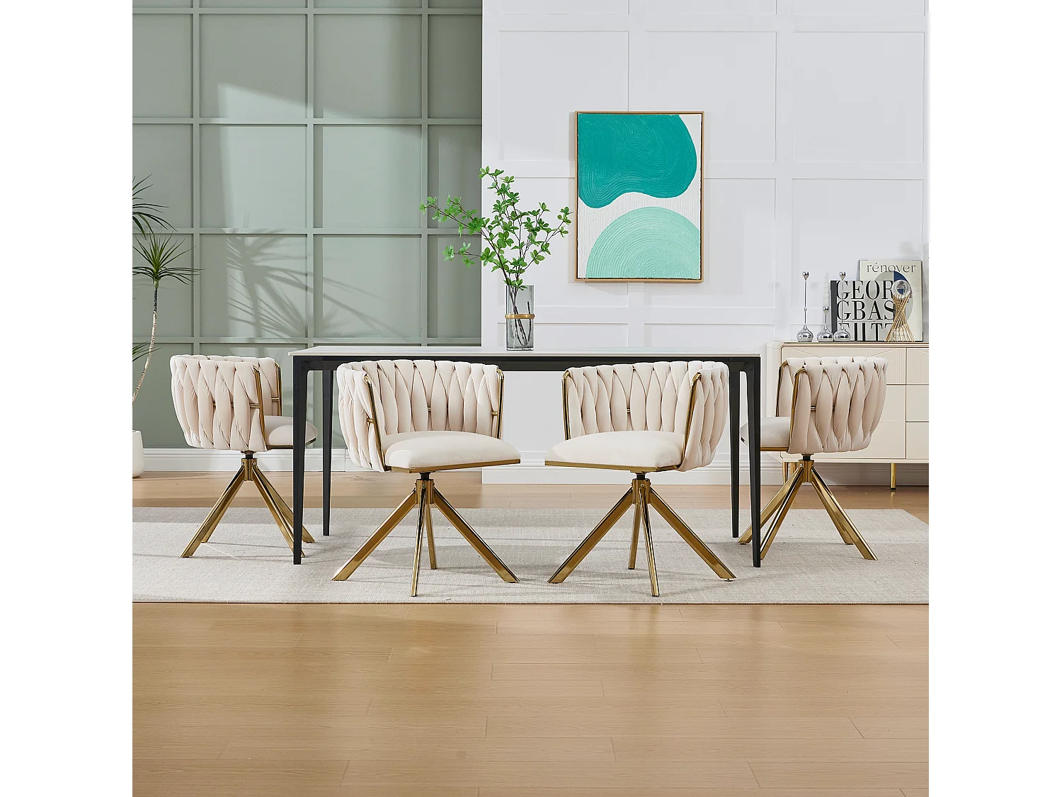 Lot de 2 chaises de salle à manger à hauteur réglable - Fauteuil pivotant et pieds réglables dorés - velours ivoire