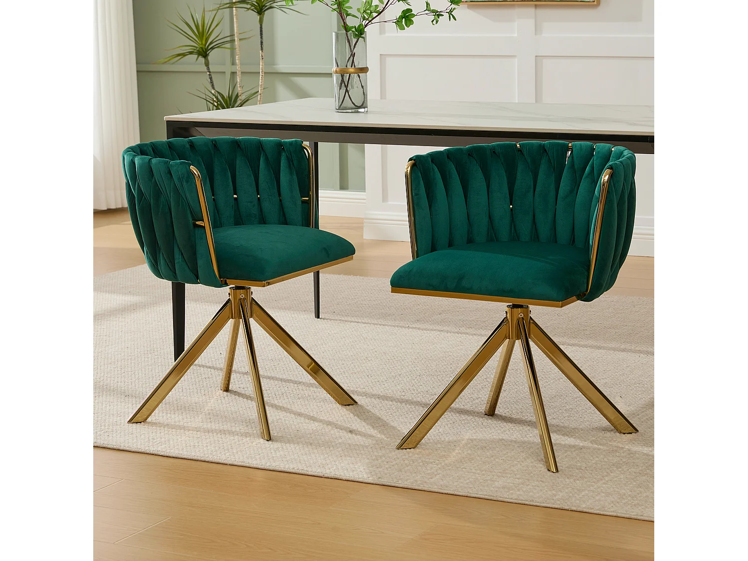 Juego de 2 sillas de comedor de altura regulable - Sillón giratorio con patas ajustables doradas - Terciopelo verde
