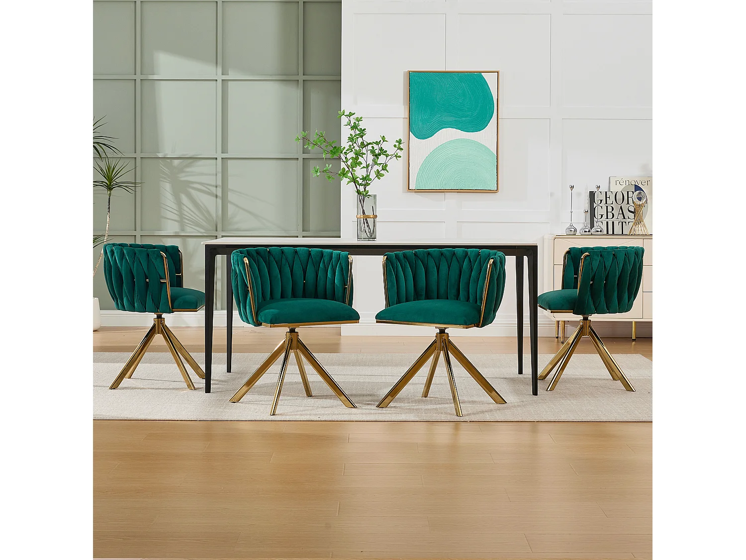 Juego de 2 sillas de comedor de altura regulable - Sillón giratorio con patas ajustables doradas - Terciopelo verde