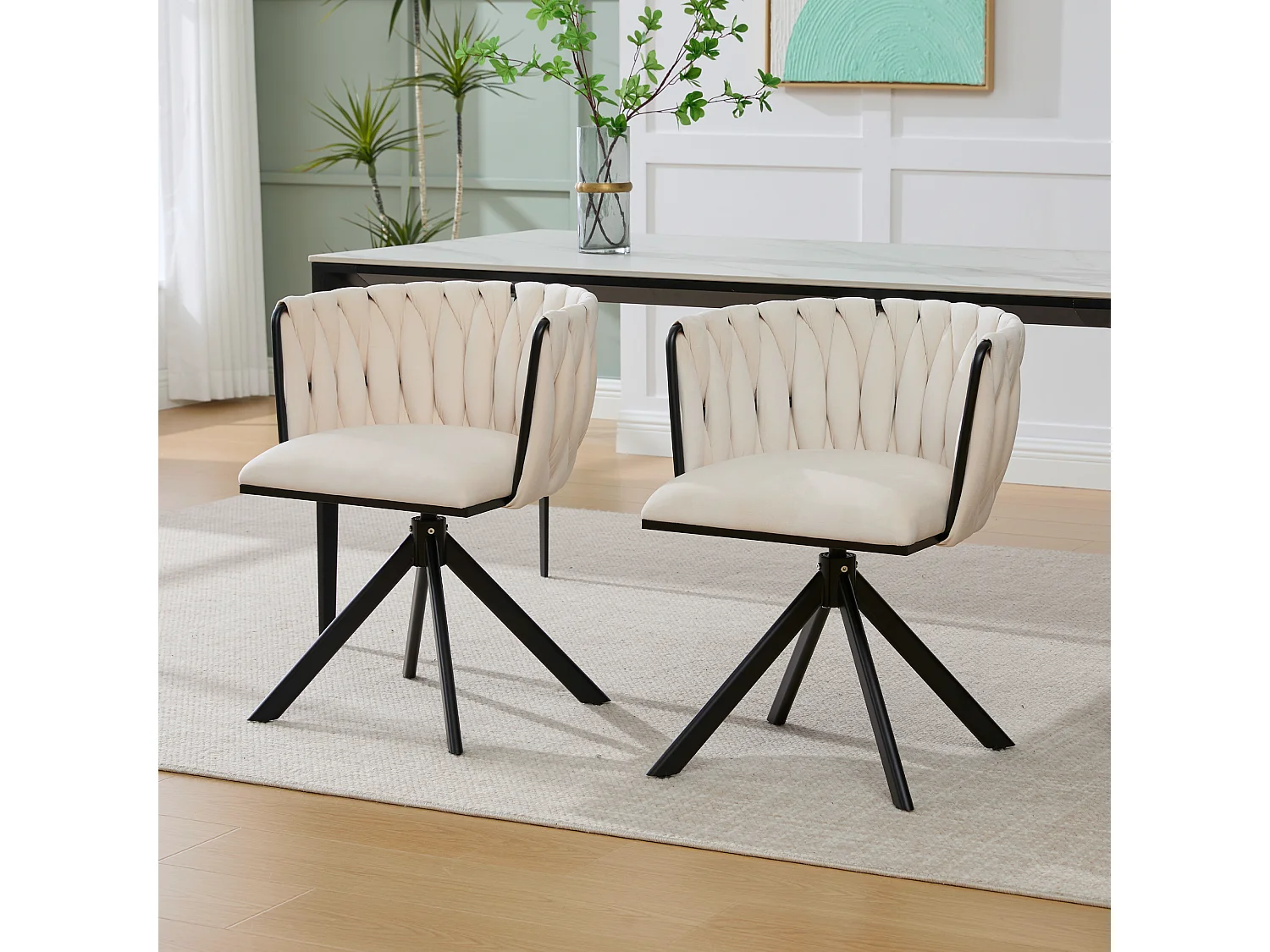 Lot de 2 chaises de salle à manger à hauteur réglable - Fauteuil pivotant avec pieds réglables noirs - velours ivoire