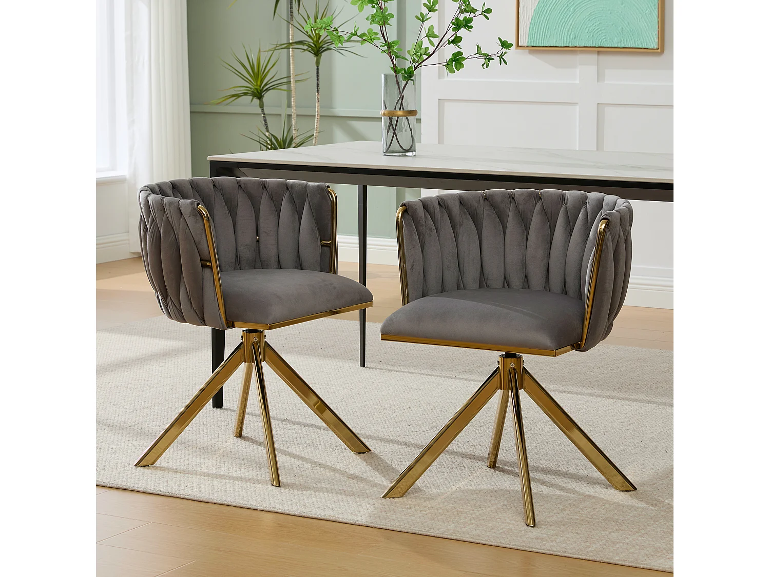 Lot de 2 chaises de salle à manger à hauteur réglable - Fauteuil pivotant et pieds réglables dorés - velours gris