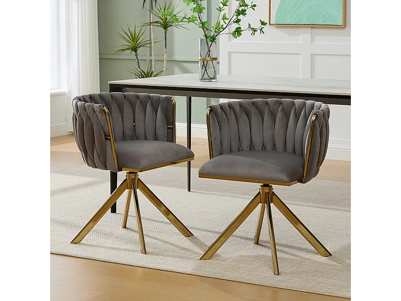 Set van 2 in hoogte verstelbare eetkamerstoelen - Draaibare fauteuil met gouden verstelbare poten - Grijs fluweel