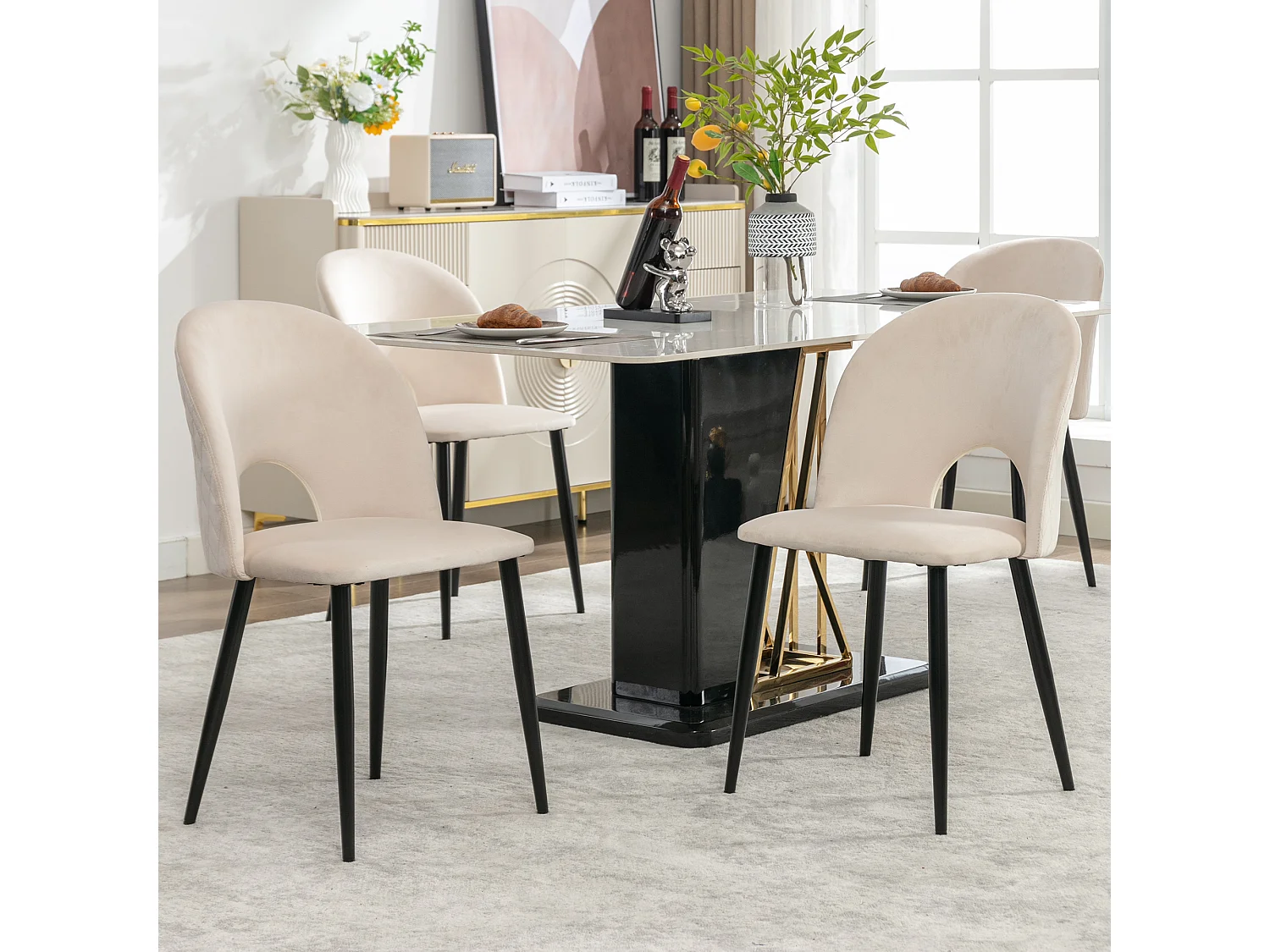 Lot de 4 chaises de salle à manger - Chaises avec dossier et pieds réglables - coutures losanges - velours beige