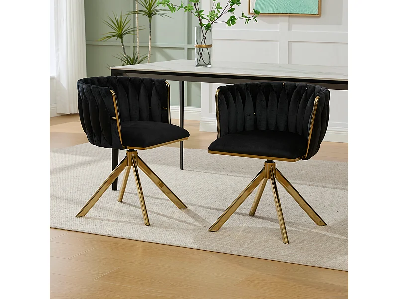 Set van 2 in hoogte verstelbare eetkamerstoelen - Draaibare fauteuil met gouden verstelbare poten - Zwart fluweel