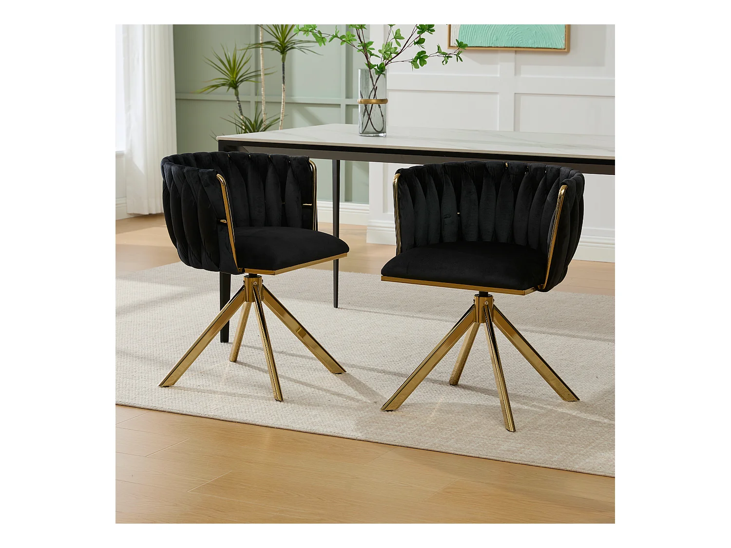 Lot de 2 chaises de salle à manger à hauteur réglable - Fauteuil pivotant et pieds réglables dorés - velours noir
