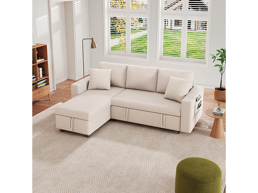 Canapé convertible en L avec couchage chaise longue rangement sacs salon interchangeable beige