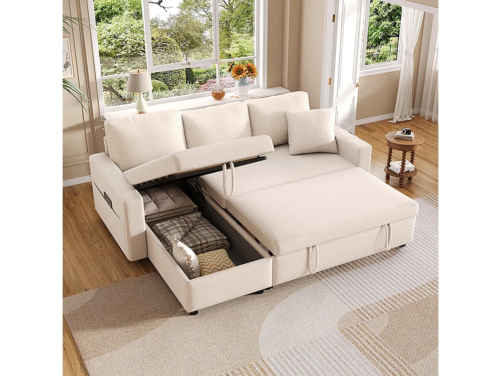 Canapé convertible en L avec couchage chaise longue rangement sacs salon interchangeable beige