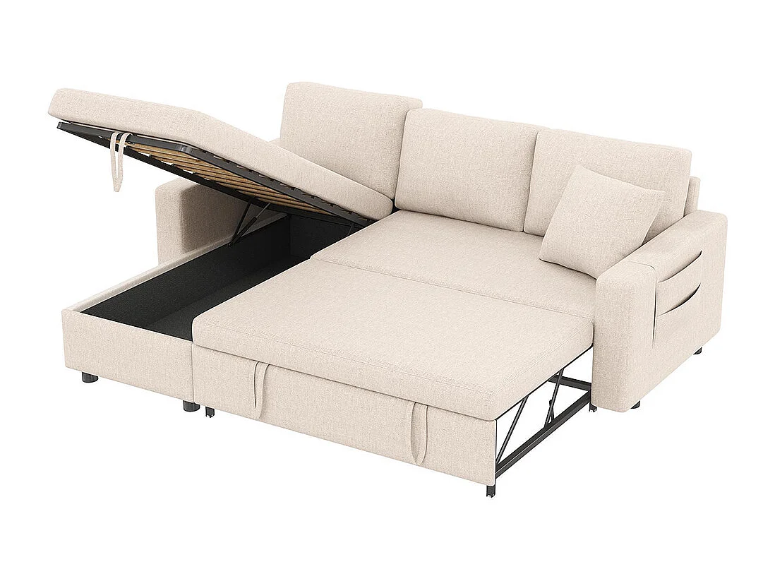Canapé convertible en L avec couchage chaise longue rangement sacs salon interchangeable beige