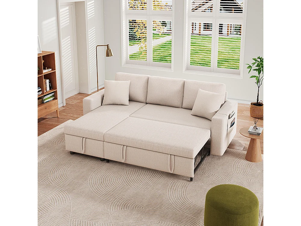 Canapé convertible en L avec couchage chaise longue rangement sacs salon interchangeable beige