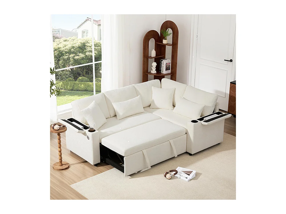 Canapé d'angle convertible L rangement porte-gobelets USB tablette accoudoir 4 coussins salon home cinéma beige