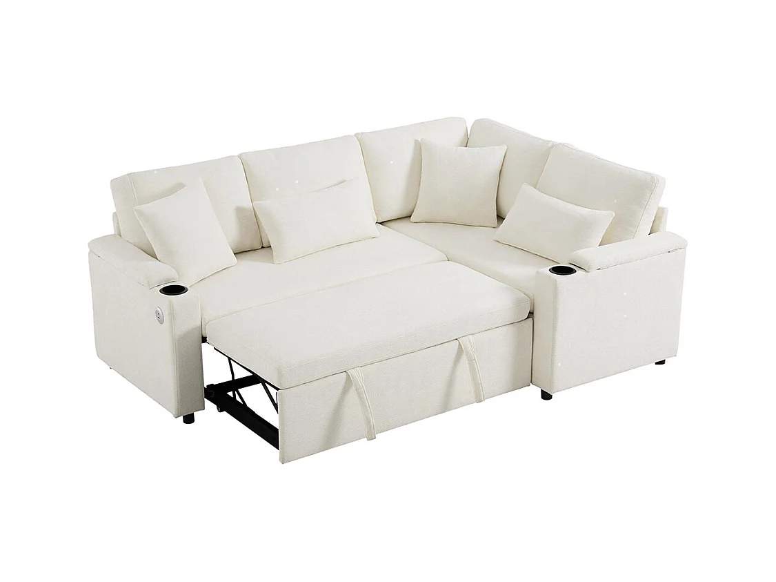 Canapé d'angle convertible L rangement porte-gobelets USB tablette accoudoir 4 coussins salon home cinéma beige