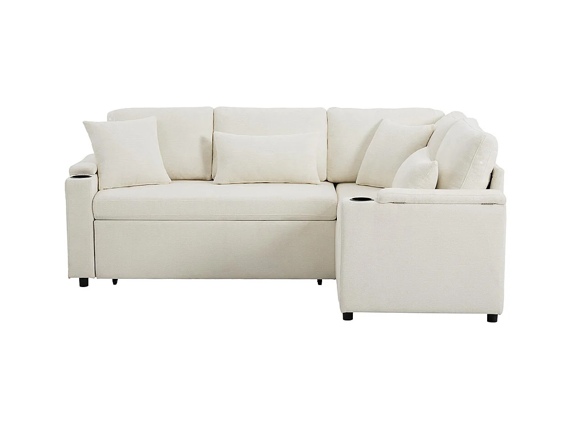 Canapé d'angle convertible L rangement porte-gobelets USB tablette accoudoir 4 coussins salon home cinéma beige