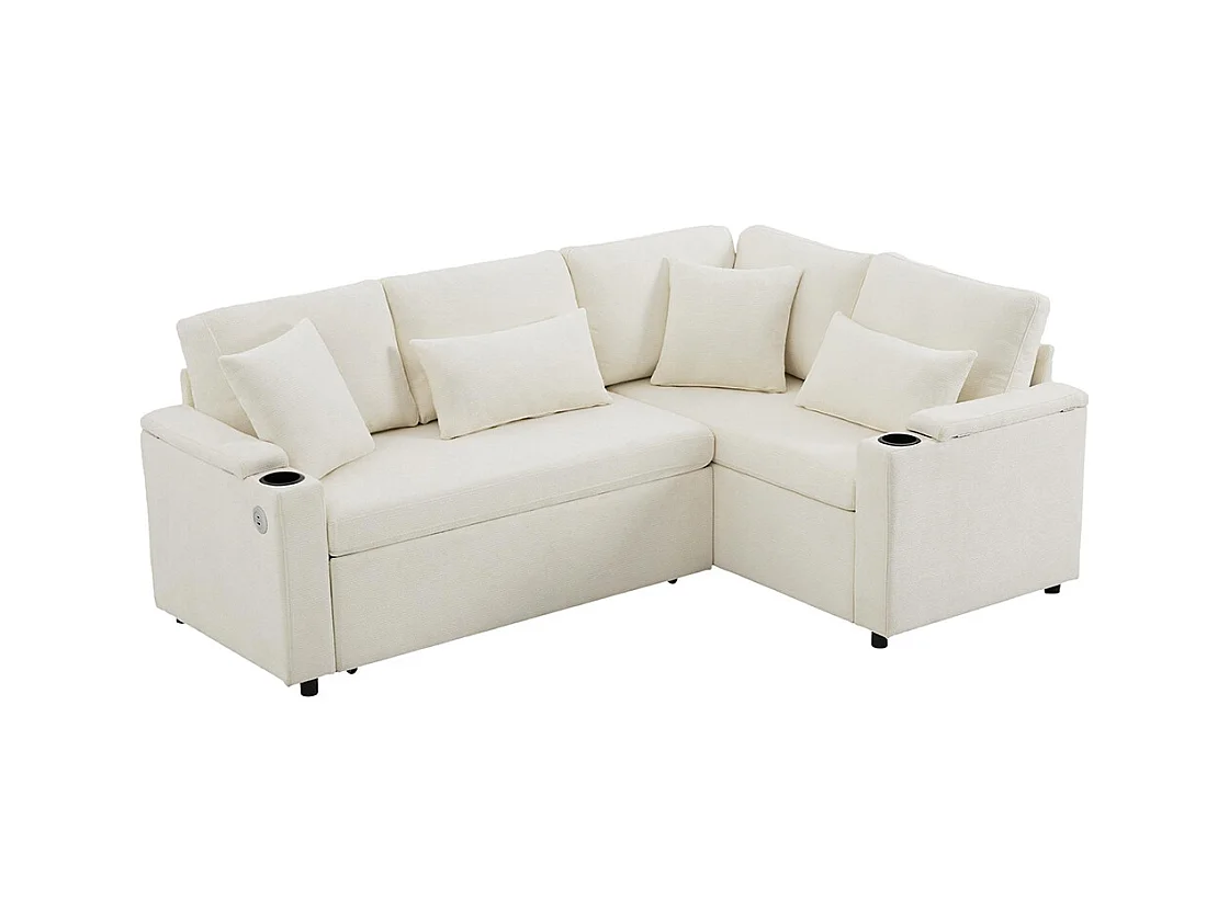 Canapé d'angle convertible L rangement porte-gobelets USB tablette accoudoir 4 coussins salon home cinéma beige