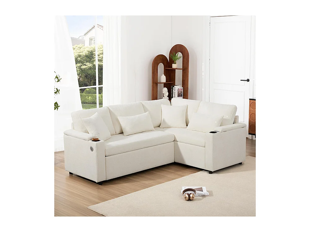 Canapé d'angle convertible L rangement porte-gobelets USB tablette accoudoir 4 coussins salon home cinéma beige