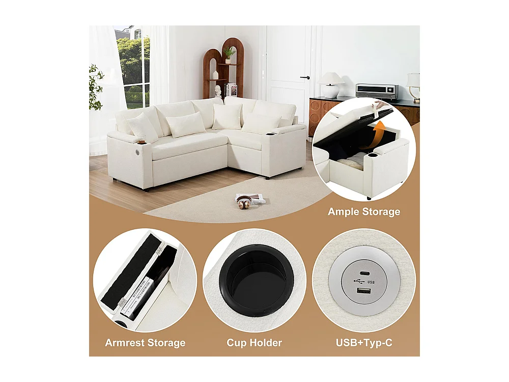 Canapé d'angle convertible L rangement porte-gobelets USB tablette accoudoir 4 coussins salon home cinéma beige