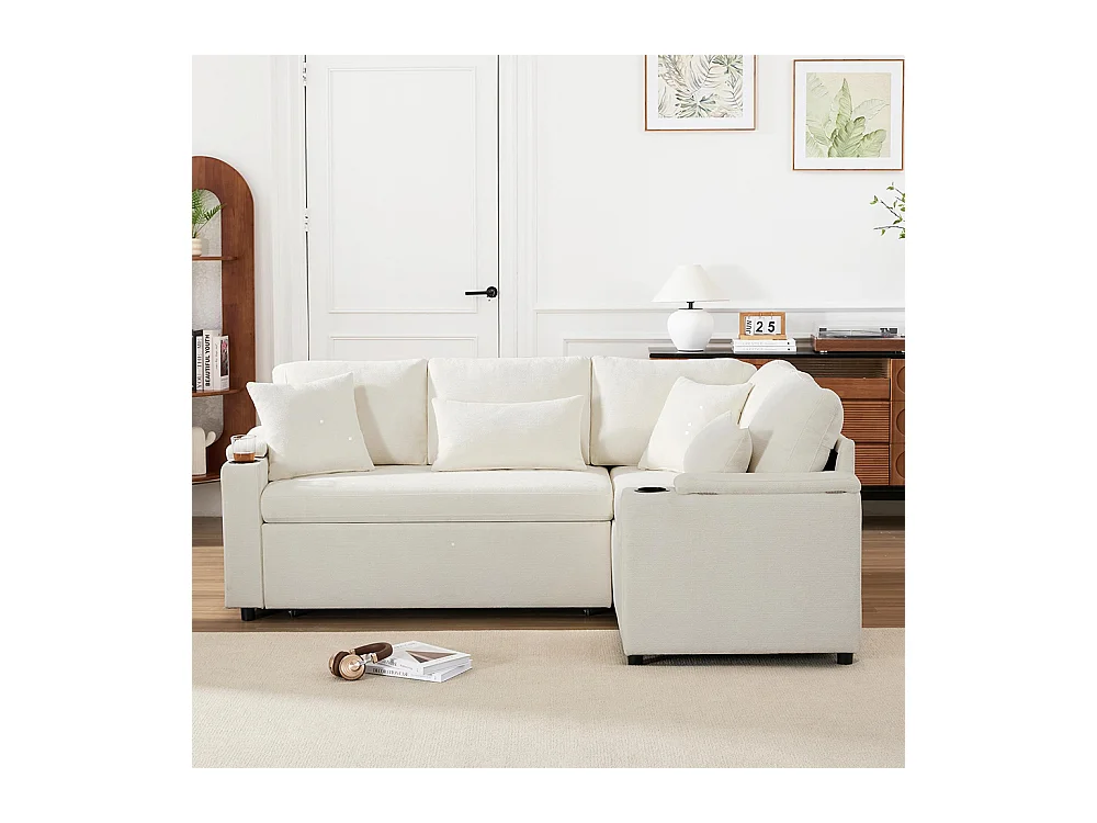 Canapé d'angle convertible L rangement porte-gobelets USB tablette accoudoir 4 coussins salon home cinéma beige