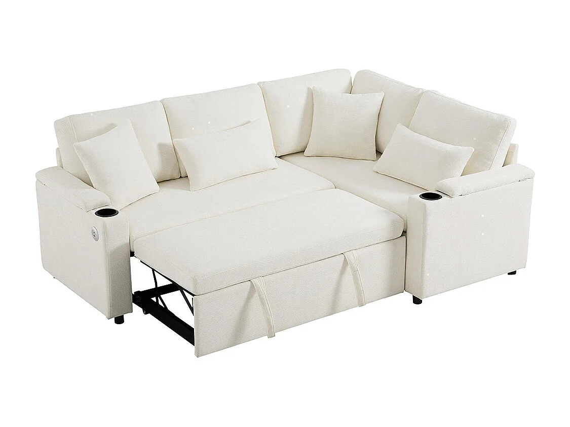 Canapé d'angle convertible L rangement porte-gobelets USB tablette accoudoir 4 coussins salon home cinéma beige