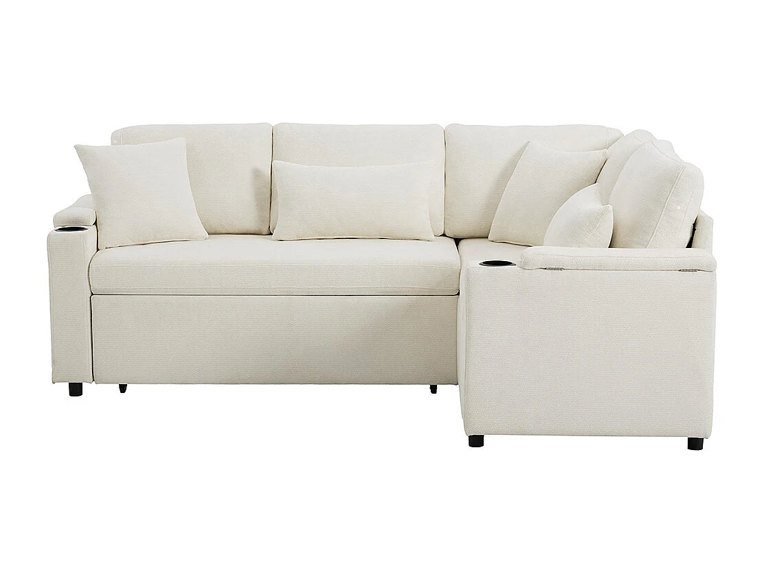 Canapé d'angle convertible L rangement porte-gobelets USB tablette accoudoir 4 coussins salon home cinéma beige