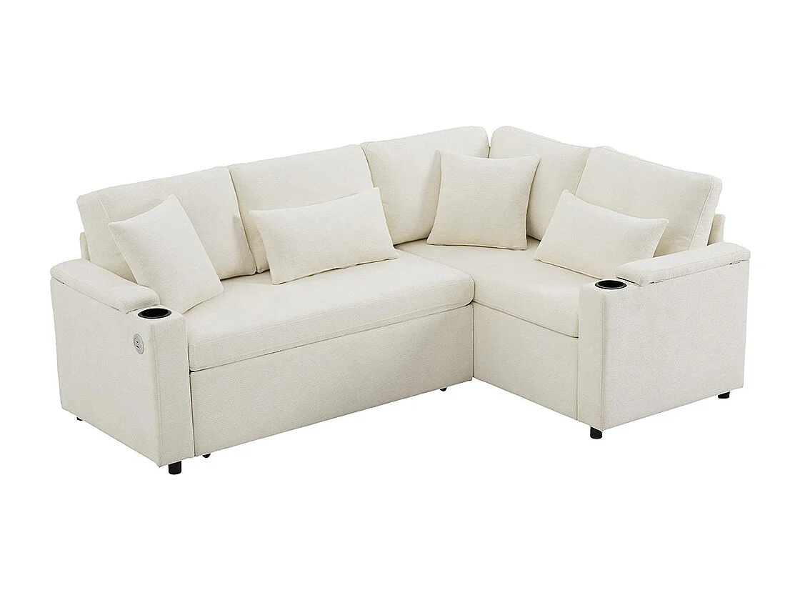 Canapé d'angle convertible L rangement porte-gobelets USB tablette accoudoir 4 coussins salon home cinéma beige