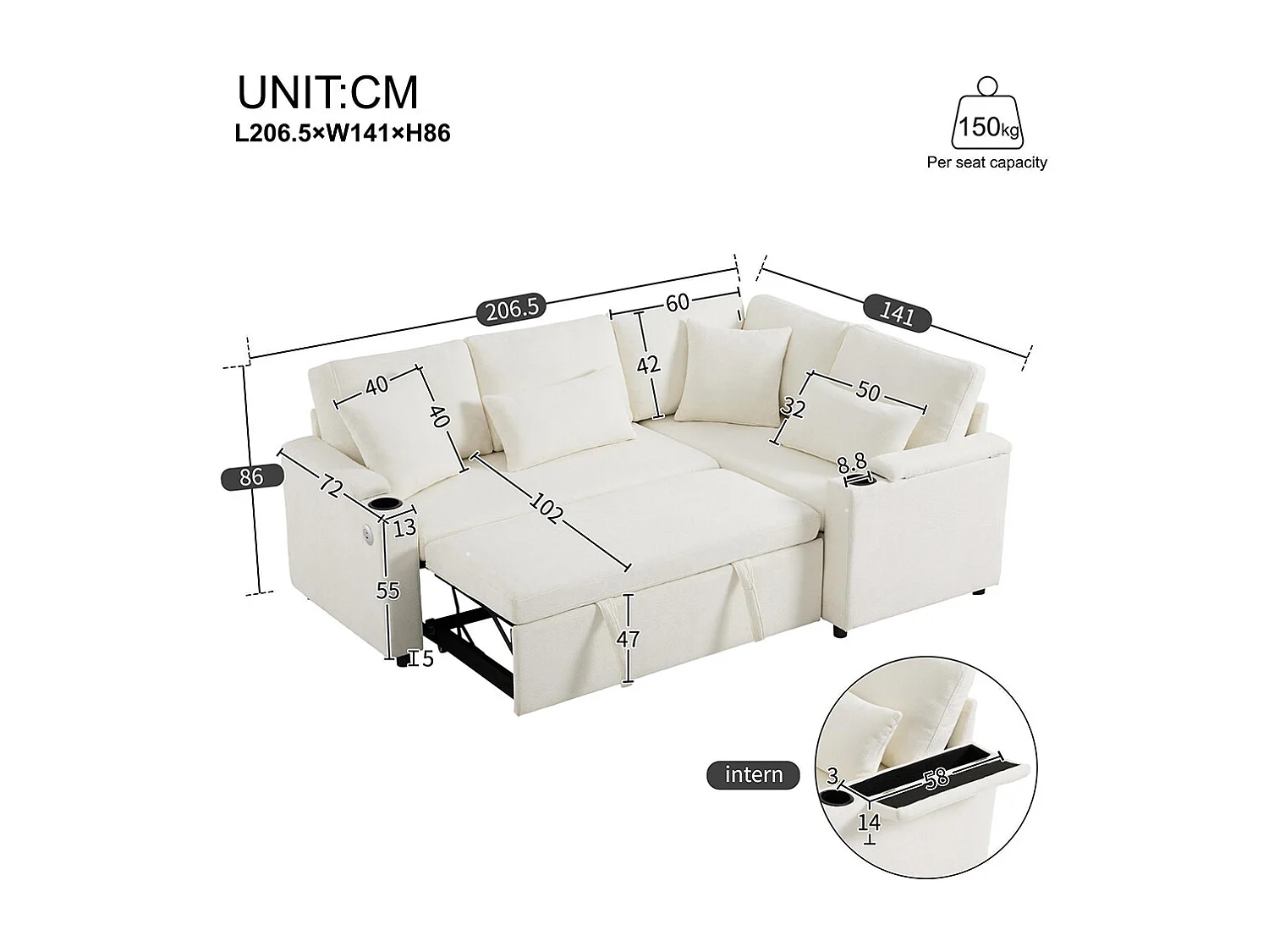 Canapé d'angle convertible L rangement porte-gobelets USB tablette accoudoir 4 coussins salon home cinéma beige
