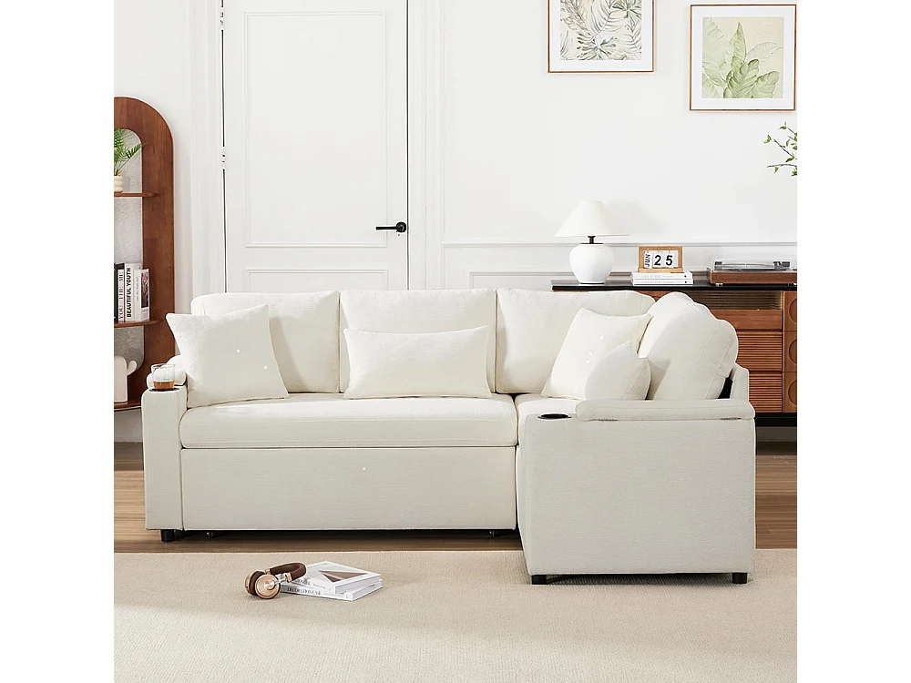 Canapé d'angle convertible L rangement porte-gobelets USB tablette accoudoir 4 coussins salon home cinéma beige