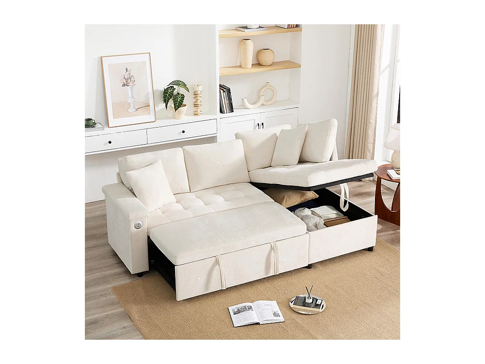 Canapé d'angle moderne convertible canapé-lit rangement chargeur USB accoudoir 2 coussins salon beige
