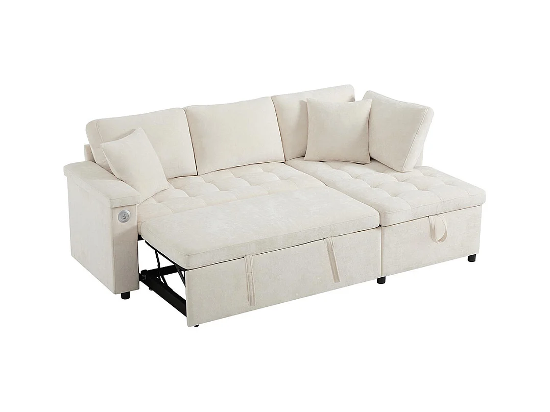 Canapé d'angle moderne convertible canapé-lit rangement chargeur USB accoudoir 2 coussins salon beige