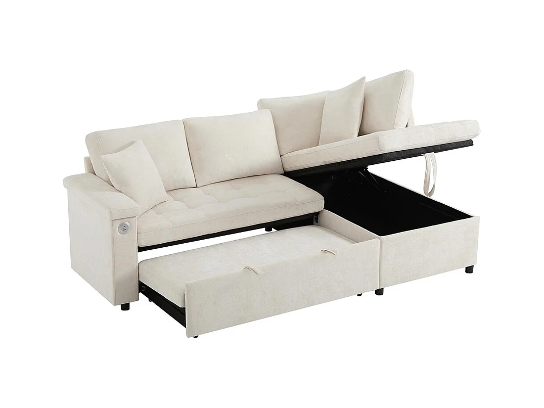 Canapé d'angle moderne convertible canapé-lit rangement chargeur USB accoudoir 2 coussins salon beige