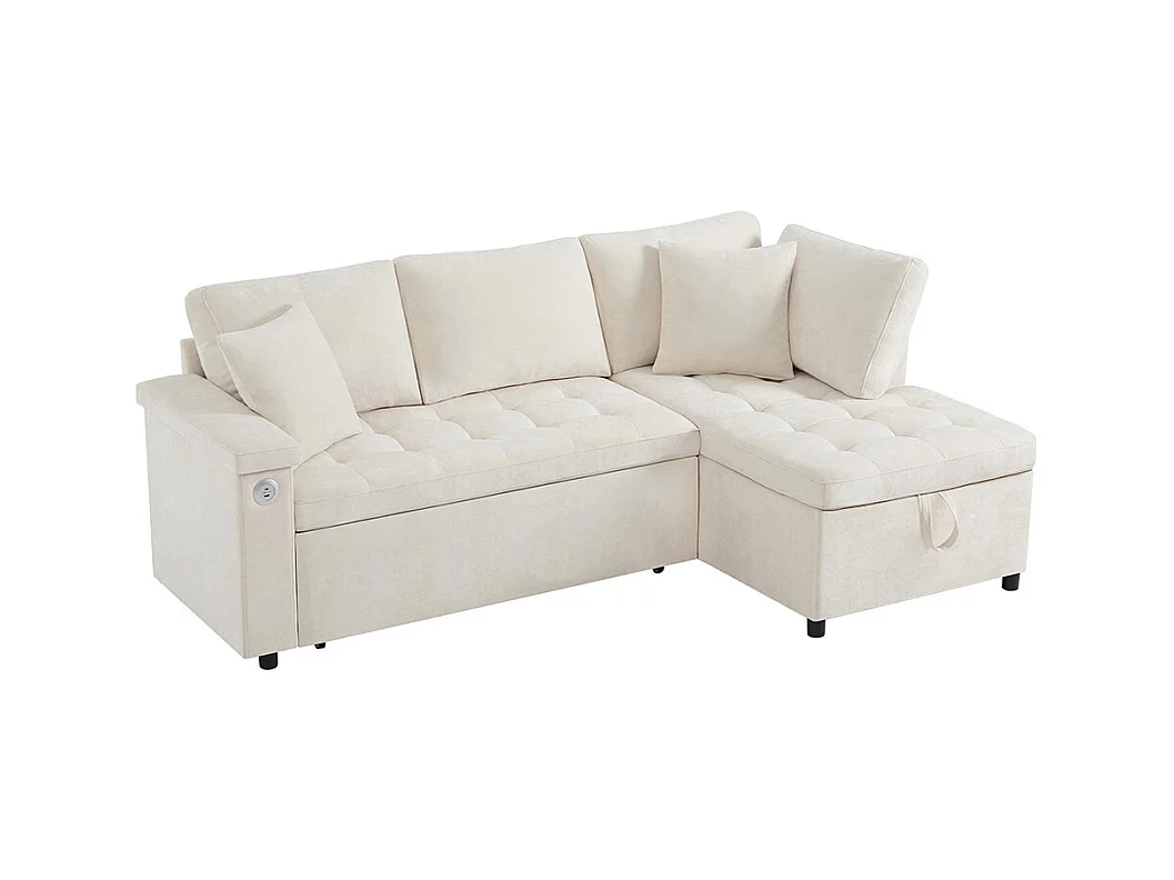 Canapé d'angle moderne convertible canapé-lit rangement chargeur USB accoudoir 2 coussins salon beige